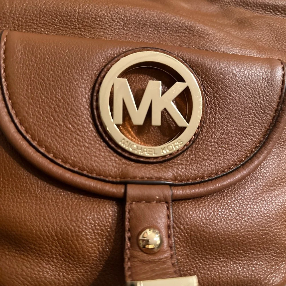 Michael Kors Brown Pebbled Leather Fulton Hobo Bag with Logo Flap Front Pocket